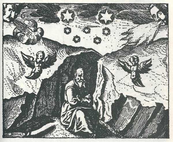 medieval illustration of a nigredo state with a man hidden between two rocks with celestial creatures surrounding him
